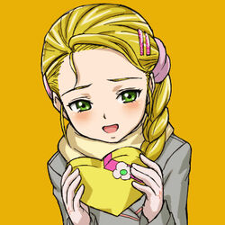  blonde_hair blush braid candy chocolate female food futari_wa_precure futari_wa_precure_max_heart green_eyes hair_ornament hairclip hajime_(caramel_toone) heart heart-shaped_chocolate kujou_hikari lowres photoshop_(medium) precure simple_background single_braid upper_body yellow_background 