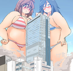  banned_artist bikini blush brown_hair building city day eno_konoe eyebrows fat giantess glasses hands_on_hips long_hair mikomu multiple_girls original plump red-framed_eyewear red_eyes short_hair smoke striped striped_bikini swimsuit thick_eyebrows 