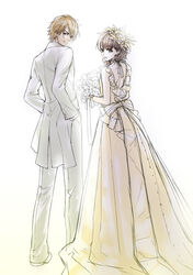  1boy animification bad_id bad_pixiv_id bouquet brown_hair doraimango dress female flower formal hair_ornament hanaori_kotoha long_hair samurai_sentai_shinkenger short_hair suit super_sentai tani_chiaki wedding_dress 