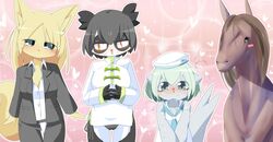  3girls black_hair blonde_hair brown_eyes canine chinese_clothes dolphin furry green_hair horse letsuo multiple_girls office_lady panda short_hair yellow_eyes 