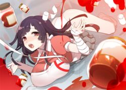  bandages bottle breasts commentary_request danganronpa_(series) danganronpa_2:_goodbye_despair fallen_down female large_breasts long_hair looking_at_viewer mami_(apsaras) purple_hair red_eyes solo spill thighs tsumiki_mikan 