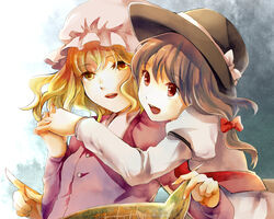  2girls blonde_hair brown_eyes brown_hair commentary_request couple hat holding_hands hug hug_from_behind i_wanna interlocked_fingers maribel_hearn md5_mismatch multiple_girls pointing touhou usami_renko yellow_eyes yuri 