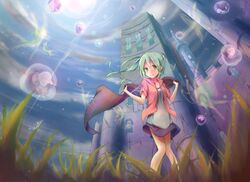  castle commentary_request female floating_hair grass green_eyes green_hair hatsune_miku outdoors pachi_(sugiyama0306) skirt sky smile solo vocaloid 