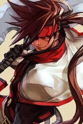  1boy axe black_gloves brown_hair capelet closed_mouth gloves grey_background guilty_gear headband holding holding_weapon hungry_clicker long_hair male_focus order-sol ponytail red_eyes simple_background smile smirk sol_badguy solo upper_body very_long_hair weapon white_capelet 