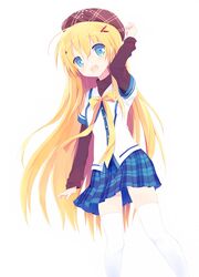  :d ahoge bad_id bad_pixiv_id blonde_hair blue_eyes clover_days female hair_ornament hat kamichi_miyaki long_hair looking_at_viewer open_mouth plaid plaid_skirt pleated_skirt school_uniform skirt smile solo takakura_anzu 