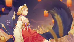  bell bird blurry blurry_foreground chinese_commentary cloud commentary_request depth_of_field detached_sleeves female hair_ornament hakama hakama_skirt highres japanese_clothes jingle_bell kouhaku_nawa lantern limao_jun long_sleeves looking_away looking_up miketsu_(onmyoji) miko mole mole_under_mouth night night_sky onmyoji outdoors paper_lantern red_eyes red_hakama ribbon-trimmed_clothes ribbon_trim rope shide shimenawa short_eyebrows short_hair skirt sky sky_lantern twilight wheat white_hair wide_sleeves 