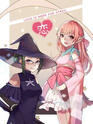  2girls :d alternate_costume bad_id bad_pixiv_id blush bow breasts brown_eyes copyright_name dress glasses green_hair hairbow hat heart highres koyanagi_hanako looking_at_viewer medium_breasts momose_narumi multiple_girls open_mouth otaku_ni_koi_wa_muzukashii pink_bow pink_dress pink_hair pointy_ears purple_dress purple_eyes sleeveless sleeveless_dress smile standing star_(symbol) upper_body wide_sleeves witch_hat xoaiu 