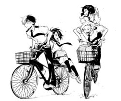  2boys 2girls :d :o audio_jack backpack bag belt bicycle bicycle_basket black_pants boku_no_hero_academia burn_scar collared_shirt commentary_request full_body greyscale hair_between_eyes jirou_kyouka kaminari_denki karasumi_(aiseec) kneehighs long_hair looking_ahead looking_at_another looking_to_the_side monochrome multiple_boys multiple_girls multiple_riders necktie on_vehicle open_mouth pants pillion riding riding_bicycle scar scar_on_face school_uniform shirt shoes short_hair short_sleeves shoulder_boards sidesaddle sitting skirt smile socks standing teeth todoroki_shouto u.a._school_uniform unworn_bag upper_teeth_only yaoyorozu_momo 