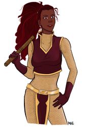  armor dark_skin dc_comics empress_(dc) female hand_on_hip parted_lips ponytail solo weapon young_justice 