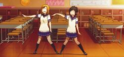  ._. 2girls animated animated black_hair brown_hair classroom dancing long_hair maki_saori_(nurarihyon_no_mago) multiple_girls nurarihyon_no_mago pleated_skirt school_uniform shoes short_hair skirt sweater_vest torii_natsumi uwabaki 