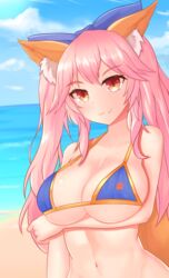  absurdres animal_ears bikini blue_bikini blue_ribbon breast_hold breasts cleavage collarbone commentary_request day fate/grand_order fate_(series) female fox_ears fox_tail groin hair_ribbon highres jifuwabe large_breasts long_hair navel ocean oerba_yun_fang outdoors pink_hair ribbon side-tie_bikini_bottom sky solo swimsuit tail tamamo_(fate) tamamo_no_mae_(swimsuit_lancer)_(fate) yellow_eyes 