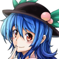  bad_id bad_pixiv_id blush commentary_request female food fruit hat hinanawi_tenshi long_hair looking_at_viewer lowres pandora-ex peach simple_background smile solo touhou white_background 