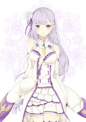  bare_shoulders braid cleavage_cutout clothing_cutout commentary_request cowboy_shot crown_braid emilia_(re:zero) female flower grey_hair hair_flower hair_ornament hair_ribbon highres long_hair looking_at_viewer nancy980216 pointy_ears purple_eyes re:zero_kara_hajimeru_isekai_seikatsu ribbon smile solo thighhighs very_long_hair white_flower wide_sleeves x_hair_ornament 