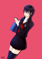  1boy aruetsuto bag balck_hair black_eyes black_hair black_legwear cellphone cowboy_shot crossdressing dutch_angle female female glasses long_hair male persona persona_5 phone pink_background pleated_skirt rule_63 sailor_collar school_bag school_uniform serafuku signature simple_background skirt smartphone solo standing thighhighs zettai_ryouiki 