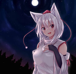  :d absurdres animal_ears banned_artist blush bridal_gauntlets cloud commentary_request detached_sleeves eyebrows_visible_through_hair forest full_moon hat highres inubashiri_momiji looking_at_viewer moon nature night night_sky oohirakeisuke open_mouth outdoors red_eyes short_hair sky smile solo star_(sky) starry_sky tokin_hat touhou turtleneck upper_body white_hair wolf_ears 