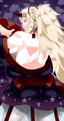  back bare_back bare_shoulders blonde_hair breasts commentary_request cowboy_shot cup female floral_background from_behind grin high_ponytail highres holding holding_cup horns hoshiguma_yuugi japanese_clothes kimono large_breasts lips long_hair looking_at_viewer looking_back neck off_shoulder oni ponytail ryu3224 sakazuki see-through short_kimono shoulder_blades sideboob sideways_glance single_horn skirt slit_pupils smile solo star_(symbol) touhou 