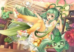  :d ahoge alraune_(p&amp;d) bare_shoulders bell breasts commentary_request dress female flower green_eyes green_hair indoors long_hair looking_at_viewer medium_breasts midair monster_girl open_mouth orange_thighhighs panties pantyshot plant plant_girl potted_plant puzzle_&amp;_dragons sign smile solo thighhighs underwear very_long_hair wand yuzutosen 