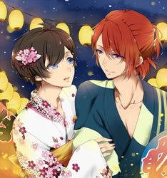  2boys androgynous arm_hug black_hair blue_eyes commentary_request eyes_visible_through_hair festival floral_print flower hair_flower hair_ornament hand_fan hazuki_you_(tsukiuta) japanese_clothes kimono lights long_sleeves looking_at_another multiple_boys nagatsuki_yoru nancy980216 night otoko_no_ko parted_lips ponytail purple_eyes red_hair short_hair sleeves_past_wrists smile tsukino_talent_production tsukiuta wide_sleeves 