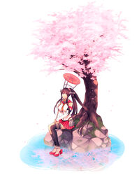  anchor armband asymmetrical_legwear bare_shoulders black_legwear brown_hair cherry_blossoms commentary_request detached_sleeves female flower hair_flower hair_ornament headgear high_ponytail highres hitori_(edge) kantai_collection legs_together long_hair oil-paper_umbrella pleated_skirt ponytail purple_eyes red_skirt sailor_collar side_slit sitting skirt smile solo tree umbrella uneven_legwear very_long_hair yamato_(kancolle) 