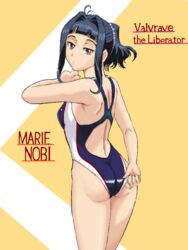  adjusting_clothes adjusting_swimsuit ass black_hair brown_eyes commentary_request competition_swimsuit female from_behind k.exa kakumeiki_valvrave looking_back nobi_marie one-piece_swimsuit ponytail racerback short_hair swimsuit 