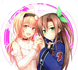  2girls blonde_hair blush bow breasts brown_hair commentary_request compa fuji_kakei green_eyes hair_ornament hairband holding_hands if_(neptunia) long_hair medium_breasts multiple_girls neptune_(series) open_mouth ribbed_sweater smile sweater yuri 