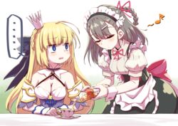  ... 2girls apron blonde_hair blue_eyes braid closed_eyes commentary_request criss-cross_halter crown cup edelweiss_(flower_knight_girl) eighth_note flower_knight_girl folded_braid hair_ribbon halterneck long_hair maid maid_apron maid_headdress mini_crown mizunashi_(second_run) multiple_girls musical_note neck_ribbon open_mouth pouring red_ribbon ribbon snowflake_(flower_knight_girl) spoken_ellipsis teacup 