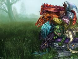  2018 absurd_res amber_eyes ambiguous_gender blue_body blue_scales claws day detailed_background digital_media_(artwork) dog_pile dragon european_mythology feral grass green_body green_eyes green_scales grey_body grey_scales group hi_res membrane_(anatomy) membranous_wings mythological_creature mythological_scalie mythology orange_body orange_scales outside pink_body pink_scales plant red_body red_eyes red_scales scales scalie tail text url western_dragon white_body white_scales wings x-celebril-x yellow_body yellow_scales young 