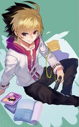  1boy ahoge bag_of_chips blonde_hair book commentary_request dyed_bangs earbuds earphones highres jacket kido_hyde magazine_(object) md5_mismatch multicolored_hair qitoli red_eyes two-tone_hair under_night_in-birth white_jacket zipper 