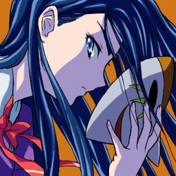  blue_eyes blue_hair commentary_request expressionless female hajime_(caramel_toone) l&#039;ecole_des_cinq_lumieres_school_uniform long_hair lowres mask minazuki_karen orange_background portrait precure profile school_uniform simple_background solo yes!_precure_5 