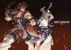  2boys belt blonde_hair blue_eyes brown_hair capelet commentary_request copyright_name fingerless_gloves gloves guilty_gear guilty_gear_xrd hair_ribbon headband junkyard_dog_mk_iii ky_kiske left-handed long_hair magnolia_eclair_ii multiple_belts multiple_boys muscular ponytail reverse_grip ribbon short_ponytail sol_badguy spiked_hair sword thigh_strap weapon yabe_makoto 