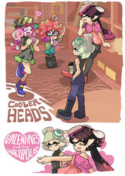  +_+ 4girls annie_(splatoon) arm_support bag baseball_cap black_footwear black_hair black_legwear black_shirt black_skirt blue_eyes blue_footwear blue_pants boots brown_eyes callie_(splatoon) closed_eyes closed_mouth clownfish commentary cup dress earrings english_commentary english_text fish glasses gomipomi green_dress green_skirt hand_in_pocket harmony&#039;s_clownfish_(splatoon) harmony_(splatoon) hat headphones headphones_around_neck heart holding inkling jewelry laughing leaning_back leg_up long_hair looking_at_another marie_(splatoon) miniskirt moe_(splatoon) multiple_girls open_mouth pants pantyhose photoshop_(medium) pink_footwear pink_hair pleated_skirt pointy_ears print_shirt purple_skirt shirt shoes shopping_bag short_hair skirt sleeveless sleeveless_shirt smile splatoon_(series) splatoon_1 standing standing_on_one_leg t-shirt tentacle_hair tropical_fish turtleneck valentine 