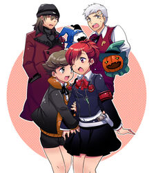  3boys amada_ken aragaki_shinjirou bad_id bad_pixiv_id beanie blush bow coat female gekkoukan_high_school_uniform gun hat headphones jack_frost_(megami_tensei) kida_yuu multiple_boys persona persona_3 persona_3_portable pyro_jack sanada_akihiko school_uniform shiomi_kotone short_hair shorts skirt smile trench_coat weapon 