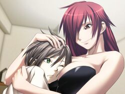  1boy assertive_female breast_press breasts cleavage face_to_breasts female game_cg green_eyes grey_hair hair_over_one_eye hanachirasu head_hug head_on_chest height_difference hug itsurin large_breasts oosaki_shin&#039;ya red_eyes red_hair smile straight takeda_akane tall 