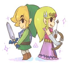  1boy arrow_(projectile) black_eyes blonde_hair bow_(weapon) commentary_request dress elbow_gloves female gloves hat link long_dress long_hair master_sword mirror_shield pointy_ears princess_zelda shield smile sword the_legend_of_zelda the_legend_of_zelda:_the_wind_waker tiara toon_link toon_zelda tsutsuji weapon 