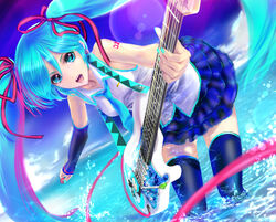  aqua_eyes aqua_hair beach cloud day female guitar hachune_miku hair_ribbon hatsune_miku instrument long_hair mamoru_(mamoru_jinja) multicolored_hair outdoors purple_hair ribbon skirt sky smile solo sun thighhighs twintails very_long_hair vocaloid zettai_ryouiki 