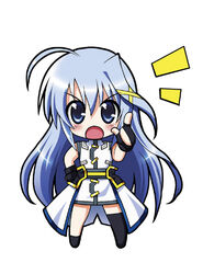  ahoge blue_eyes blue_hair blush chibi chirorian commentary_request female fingerless_gloves gloves hair_ornament long_hair lyrical_nanoha magical_girl mahou_shoujo_lyrical_nanoha_strikers photoshop_(medium) pointing reinforce_zwei single_thighhigh solo thighhighs uniform x_hair_ornament 