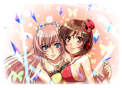  2girls aqua_eyes bad_id bad_pixiv_id blush breasts brown_hair bug butterfly choker flower hat headphones jewelry large_breasts long_hair looking_at_viewer megurine_luka meiko_(vocaloid) mini_hat mini_top_hat multiple_girls pink_hair red_eyes short_hair smile takimoto_shouko top_hat vocaloid 