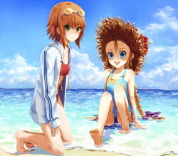  2girls :d barefoot beach bikini blonde_hair blue_eyes braid brown_hair cloud commentary_request day feet flat_chest goggles goggles_on_head green_eyes hat hood hoodie horizon jacket kneeling knees_up long_hair looking_at_viewer looking_to_the_side multiple_girls official_alternate_costume open_mouth outdoors patty_fleur patty_fleur_(southern_rainbow) rita_mordio rita_mordio_(breezy_beach_girl) round_teeth short_hair sitting sitting_on_water smile straw_hat swimsuit tales_of_(series) tales_of_vesperia teeth tenguu_rio twin_braids very_long_hair 