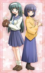  2girls baseball blush bob_cut green_eyes green_hair hairband ishigaki_tamaki japanese_clothes long_hair multiple_girls purple_eyes purple_hair school_uniform serafuku shiumai short_hair souya_yuki taishou_yakyuu_musume 