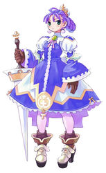  aqua_eyes armor armored_boots armored_dress boots dress eclair_(la_pucelle) expressionless female full_body gloves green_eyes highres holding holding_sword holding_weapon la_pucelle leggings long_sleeves looking_at_viewer official_art photoshop_(medium) purple_hair ryoji_(nomura_ryouji) simple_background solo standing sword weapon white_background white_leggings wide_sleeves 