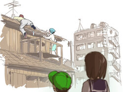  2boys 2girls aerial apartment apron baseball_cap city commentary_request from_behind hat multiple_boys multiple_girls nippori_honsha original rooftop scarf school_uniform serafuku 