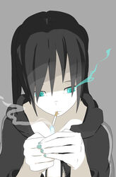  black_hair black_rock_shooter black_rock_shooter_(character) blue_eyes cigarette commentary_request female flaming_eye hands matsutake_(nodamiki) pale_skin photoshop_(medium) smoking solo twintails 