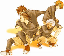  2boys 2girls arm_grab boots broken-land casual closed_eyes dark_skin elf facial_mark forehead_mark gensou_suikoden gensou_suikoden_iv green_eyes headband jewel_(suikoden) keneth_(suikoden) multiple_boys multiple_girls open_mouth orange_hair paula_(suikoden) pointy_ears short_hair smile tal_(suikoden) white_hair 