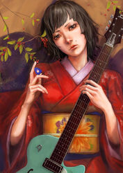  apple black_hair chen_yue commentary_request female food fruit grey_eyes guitar hands instrument japanese_clothes kimono mole photoshop_(medium) plectrum real_life real_life_insert realistic shiina_ringo short_hair solo 