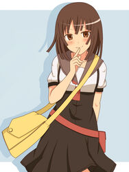  bad_id bad_pixiv_id bag bakemonogatari blush brown_eyes brown_hair dress female goro monogatari_(series) sengoku_nadeko smile solo 