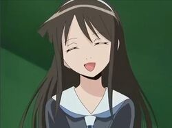  ^_^ brown_hair closed_eyes female kamisama_kazoku kamori_kumiko long_hair necktie open_mouth smile solo 