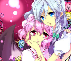  2girls bat_wings blue_eyes braid chigo commentary grey_hair hand_on_another&#039;s_cheek hand_on_another&#039;s_face hat hug izayoi_sakuya light_purple_hair multiple_girls red_eyes remilia_scarlet short_hair smile touhou twin_braids wings 