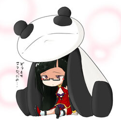  black_hair blazblue breasts chibi china_dress chinese_clothes cleavage cleavage_cutout clothing_cutout commentary_request dress female futaba_no_taiko glasses lao_jiu litchi_faye_ling long_hair panda ponytail purple_eyes small_breasts solo translated very_long_hair 