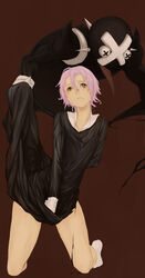  1other absurdres androgynous bad_id bad_pixiv_id brown_eyes crona_(soul_eater) highres kneeling kusumori_shiba pink_hair ragnarok_(demon_sword) short_hair socks soul_eater tears tongue wrist_cuffs 