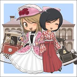  2girls :d ;d ^_^ bad_id bad_pixiv_id bow car censored_(artist) chibi closed_eyes floral_print girl_friends_(manga) hairbow hakama hakama_skirt hat head_tilt japanese_clothes kimono kumakura_mariko long_sleeves looking_at_viewer meiji_schoolgirl_uniform motor_vehicle multiple_girls one_eye_closed oohashi_akiko open_mouth parasol red_hakama skirt smile train umbrella yagasuri yuri 